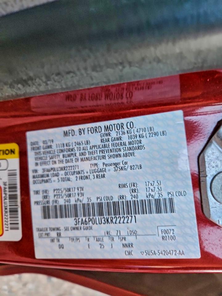 2019 Ford Fusion Se VIN: 3FA6P0LU3KR222271 Lot: 94187525