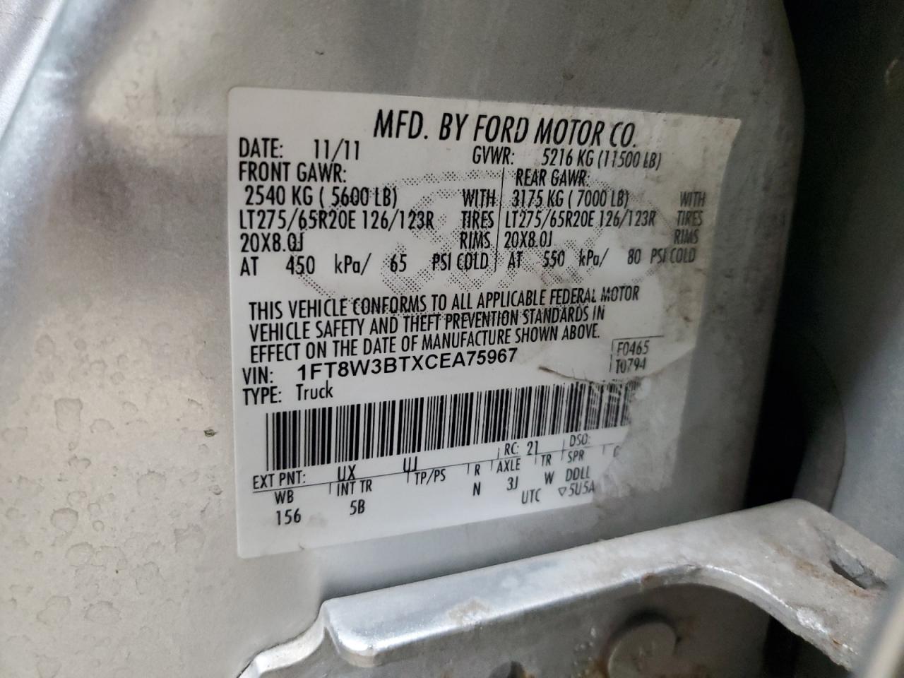 2012 Ford F350 Super Duty VIN: 1FT8W3BTXCEA75967 Lot: 91656915