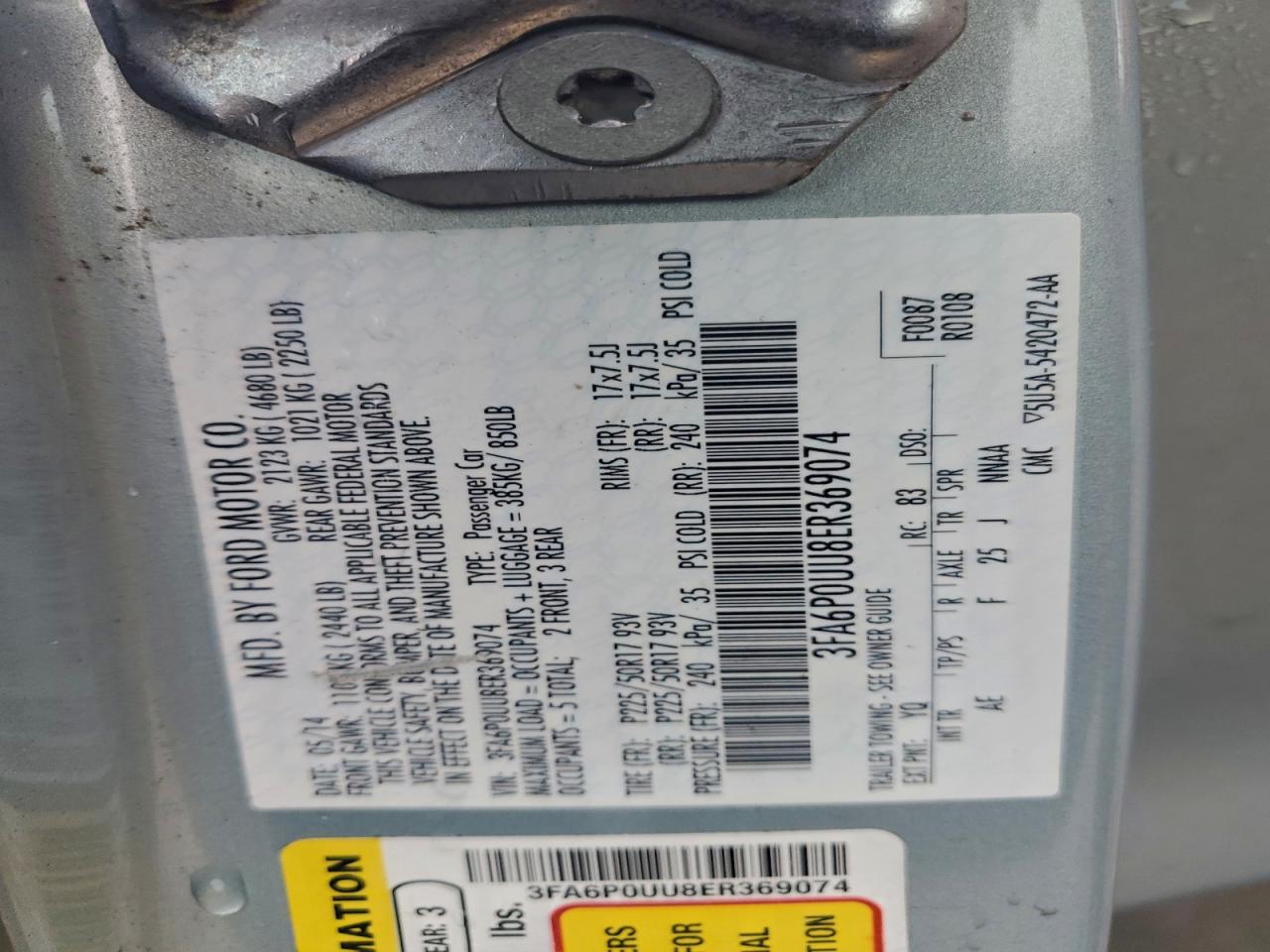 2014 Ford Fusion S Hybrid VIN: 3FA6P0UU8ER369074 Lot: 93818565