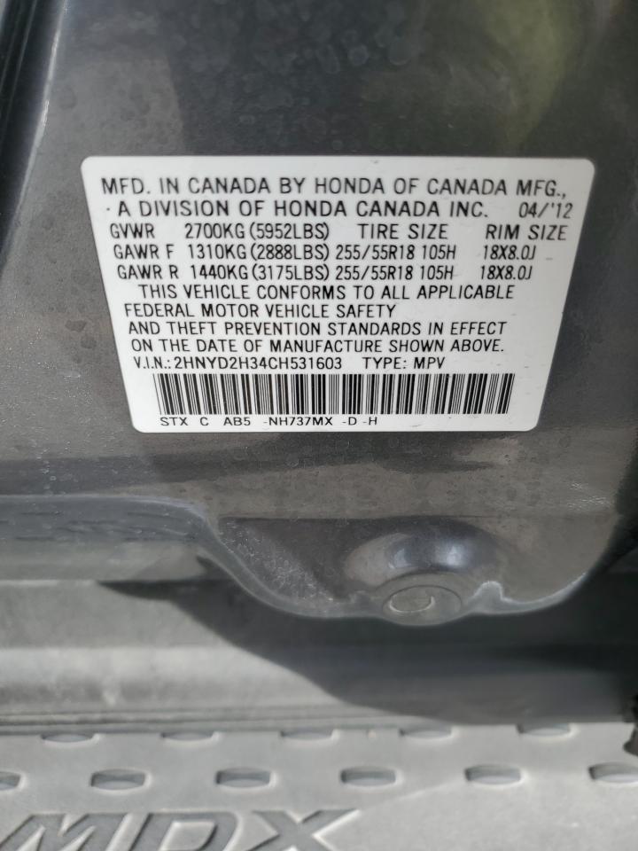 2012 Acura Mdx Technology VIN: 2HNYD2H34CH531603 Lot: 85431215