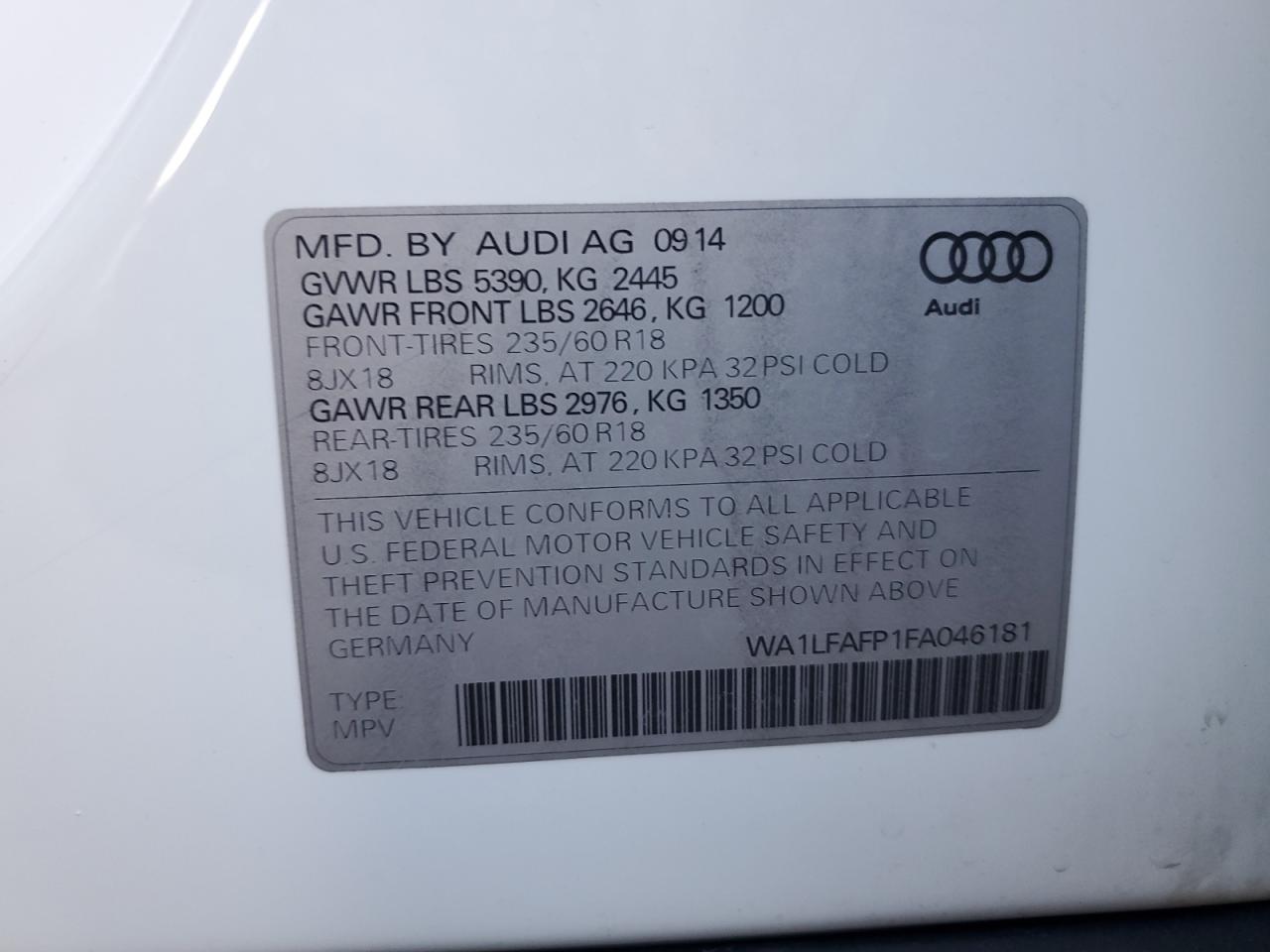 2015 Audi Q5 Premium Plus VIN: WA1LFAFP1FA046181 Lot: 91477515