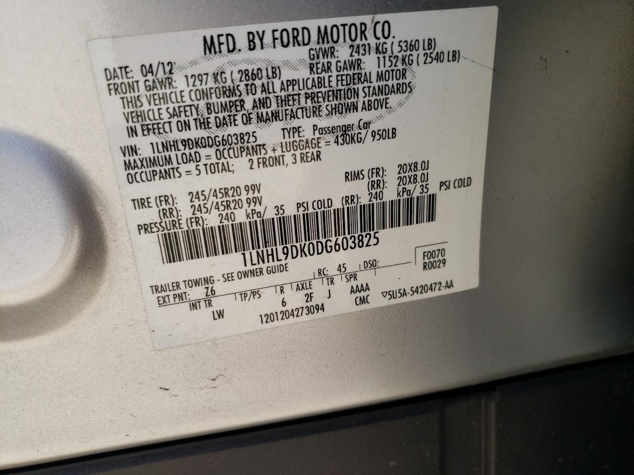 2013 Lincoln Mks VIN: 1LNHL9DK0DG603825 Lot: 91111445