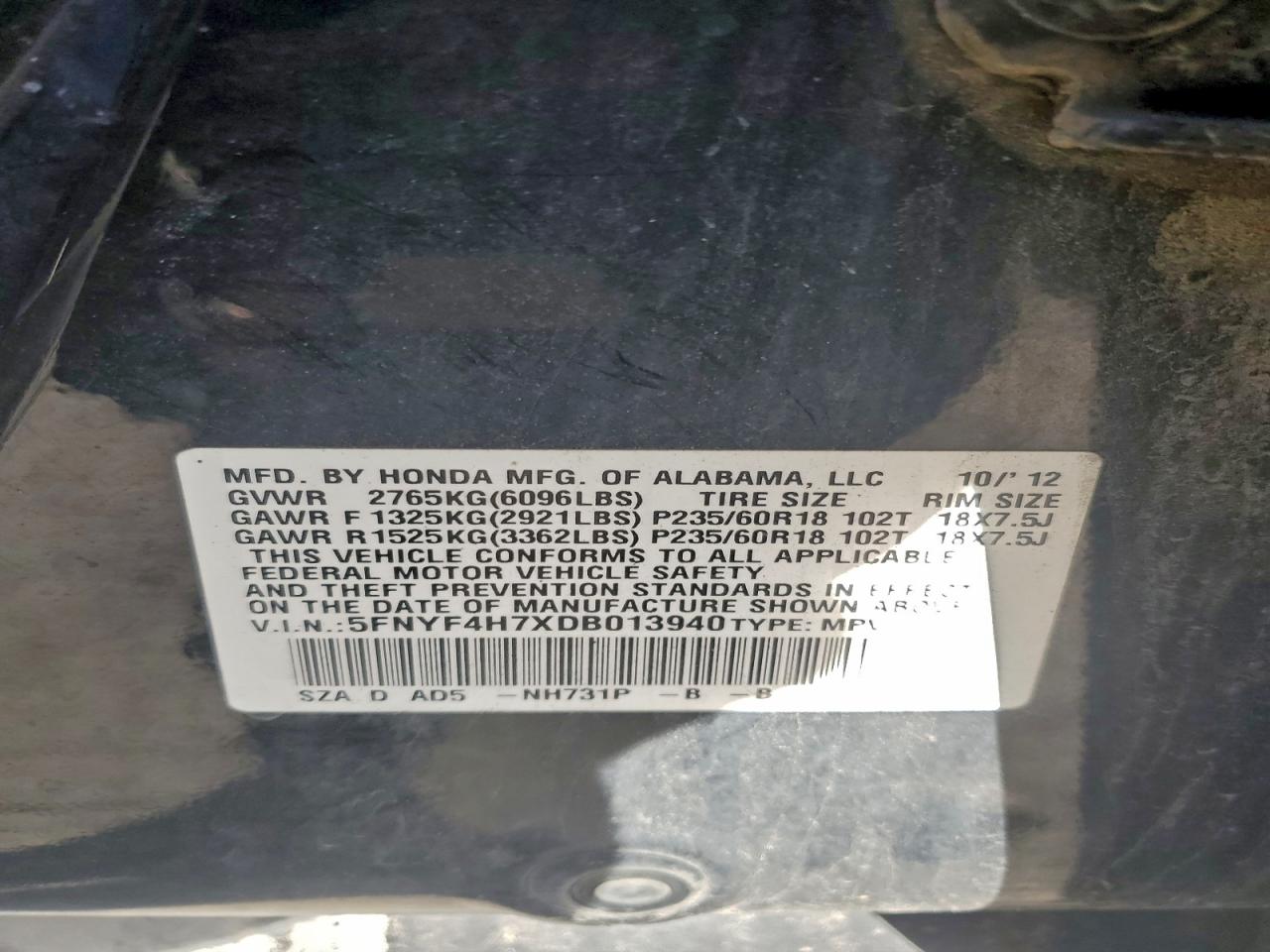 2013 Honda Pilot Exln VIN: 5FNYF4H7XDB013940 Lot: 93189935