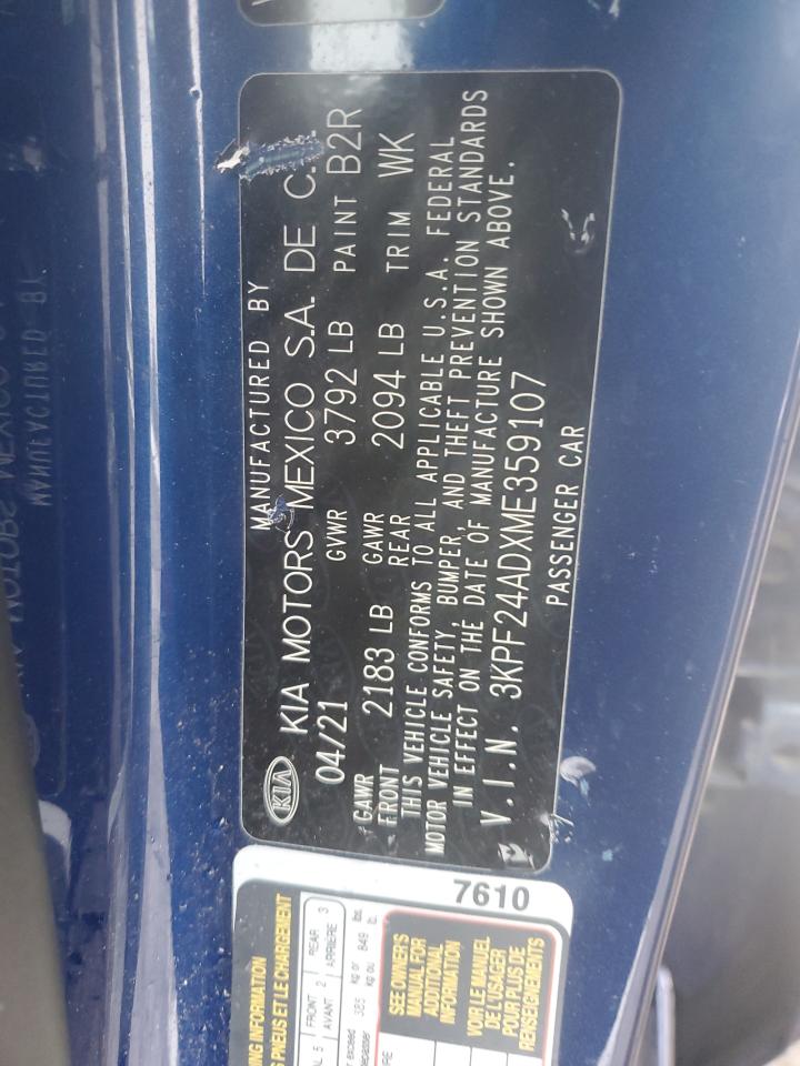 2021 Kia Forte Fe VIN: 3KPF24ADXME359107 Lot: 92234765