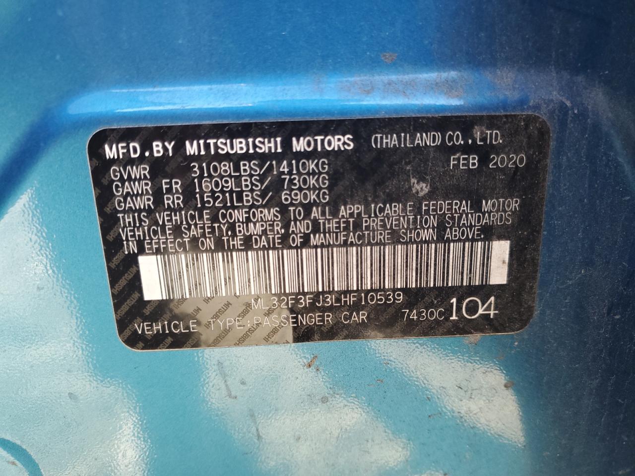 2020 Mitsubishi Mirage G4 Es VIN: ML32F3FJ3LHF10539 Lot: 90978415