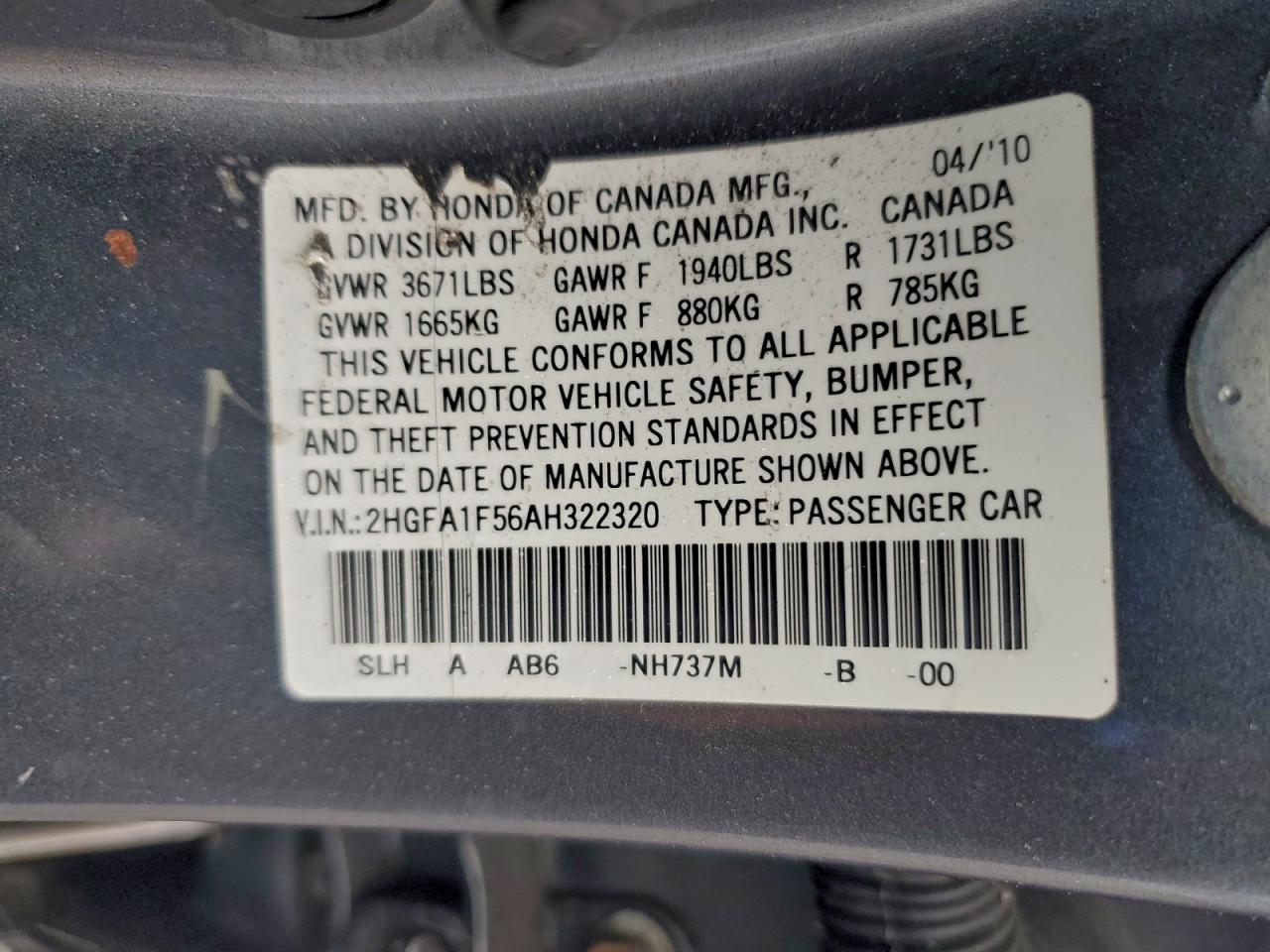 2010 Honda Civic Lx VIN: 2HGFA1F56AH322320 Lot: 94097555