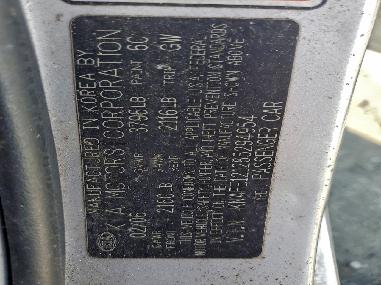 2006 Kia Spectra Lx VIN: KNAFE121265294954 Lot: 94141265