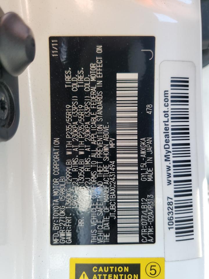 2012 Lexus Rx 450H VIN: JTJBC1BAXC2431494 Lot: 91041295