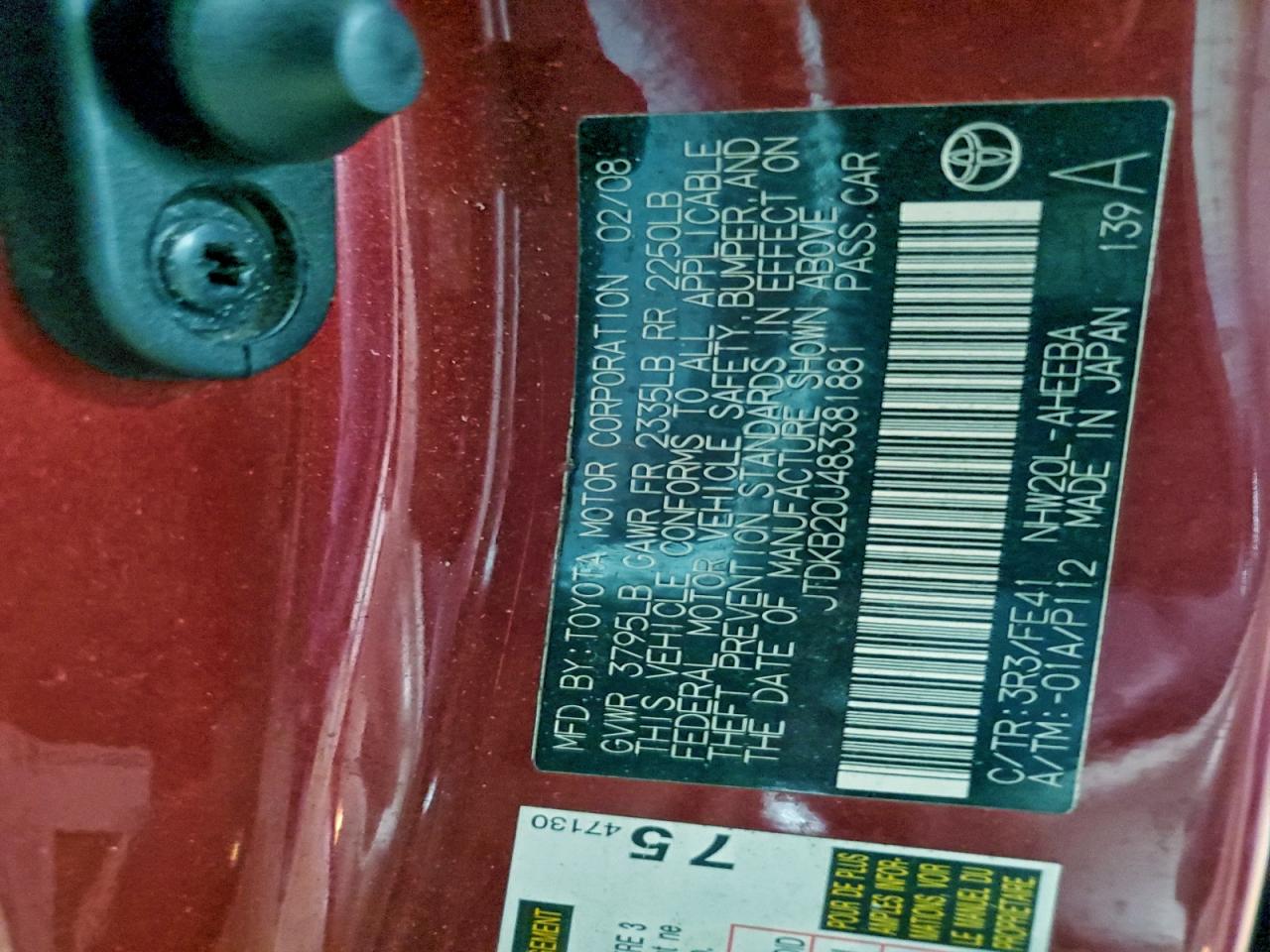 2008 Toyota Prius VIN: JTDKB20U483381881 Lot: 93657485