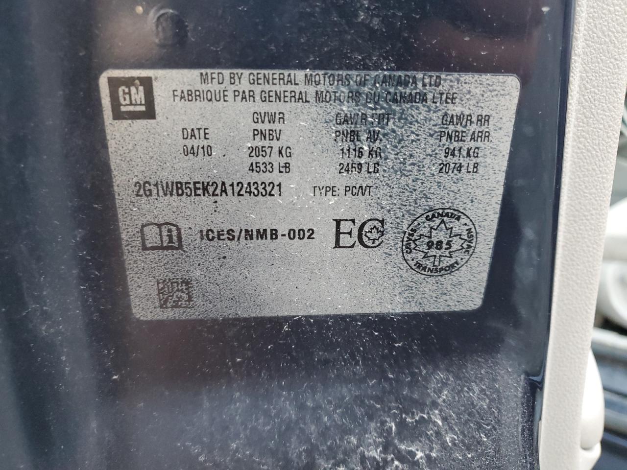 2010 Chevrolet Impala Lt VIN: 2G1WB5EK2A1243321 Lot: 93132425