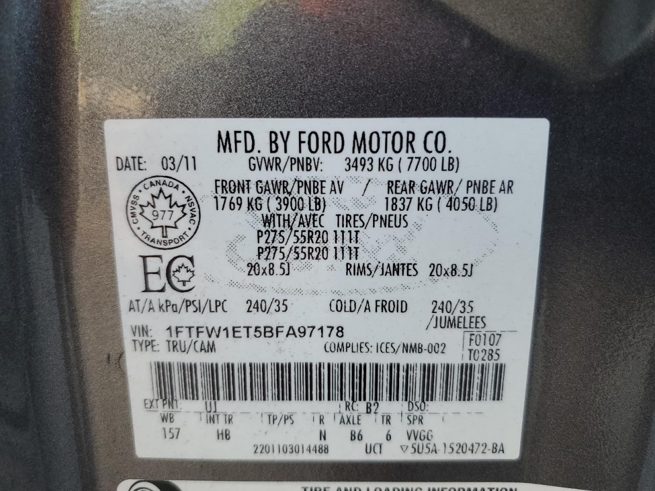 2011 Ford F150 Supercrew VIN: 1FTFW1ET5BFA97178 Lot: 90940995