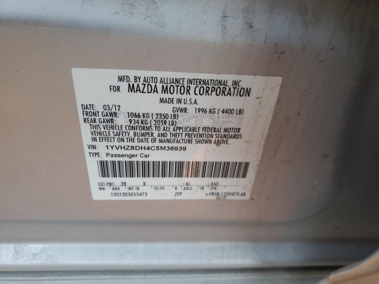 2012 Mazda 6 I VIN: 1YVHZ8DH4C5M36939 Lot: 92524625