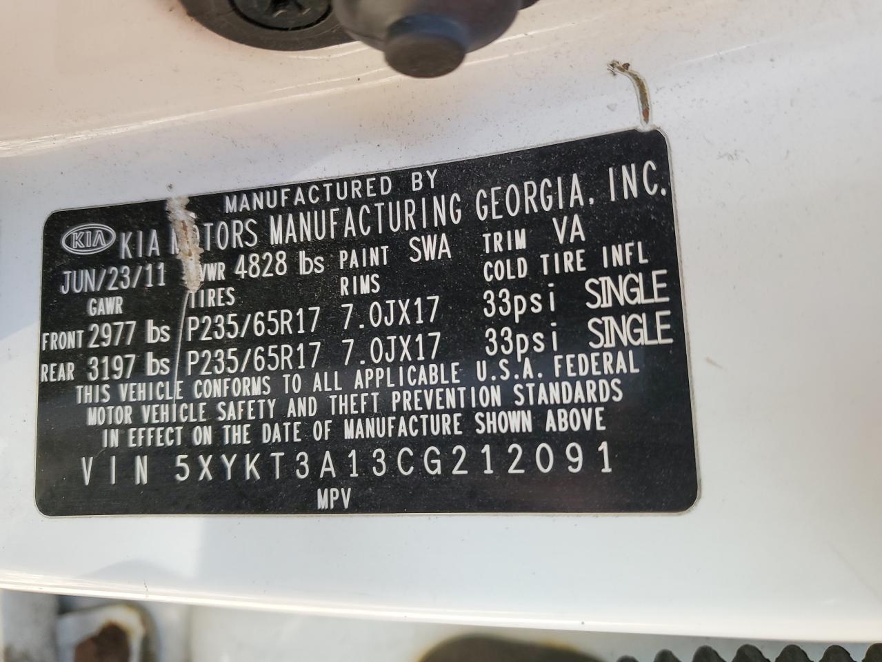 2012 Kia Sorento Base VIN: 5XYKT3A13CG212091 Lot: 92293935