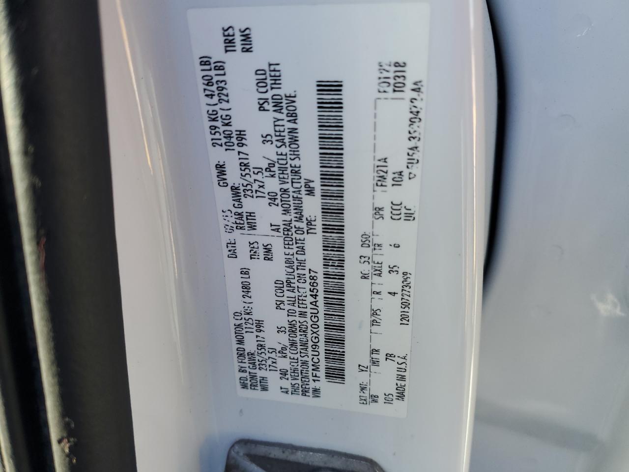 2016 Ford Escape Se VIN: 1FMCU9GX0GUA45687 Lot: 91956495