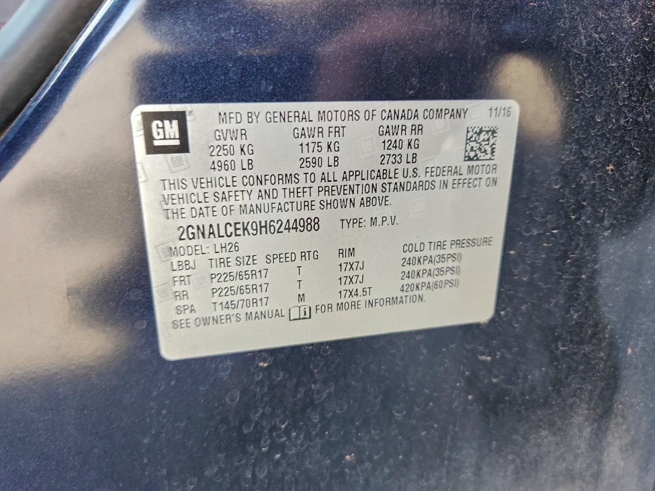 2017 Chevrolet Equinox Lt VIN: 2GNALCEK9H6244988 Lot: 94086255