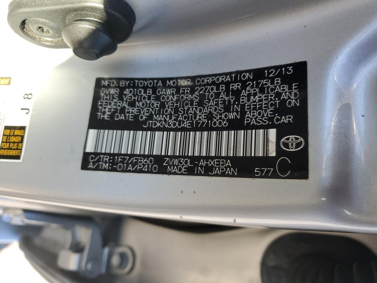 2014 Toyota Prius VIN: JTDKN3DU4E1771006 Lot: 90761305