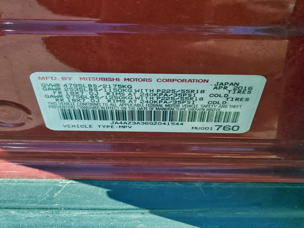 2016 Mitsubishi Outlander Se VIN: JA4AZ3A36GZ041544 Lot: 91613965