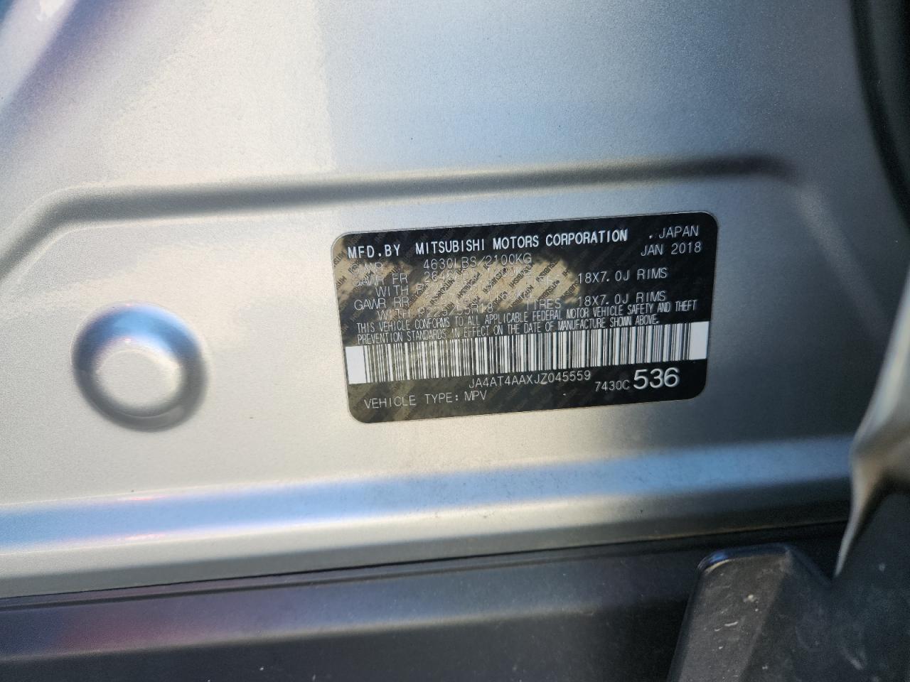 2018 Mitsubishi Eclipse Cross Le VIN: JA4AT4AAXJZ045559 Lot: 92129075