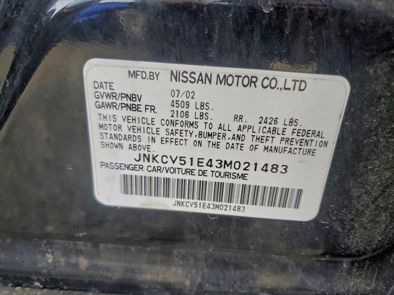 2003 Infiniti G35 VIN: JNKCV51E43M021483 Lot: 93246605