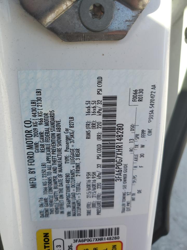 2017 Ford Fusion S VIN: 3FA6P0G7XHR148280 Lot: 92695955