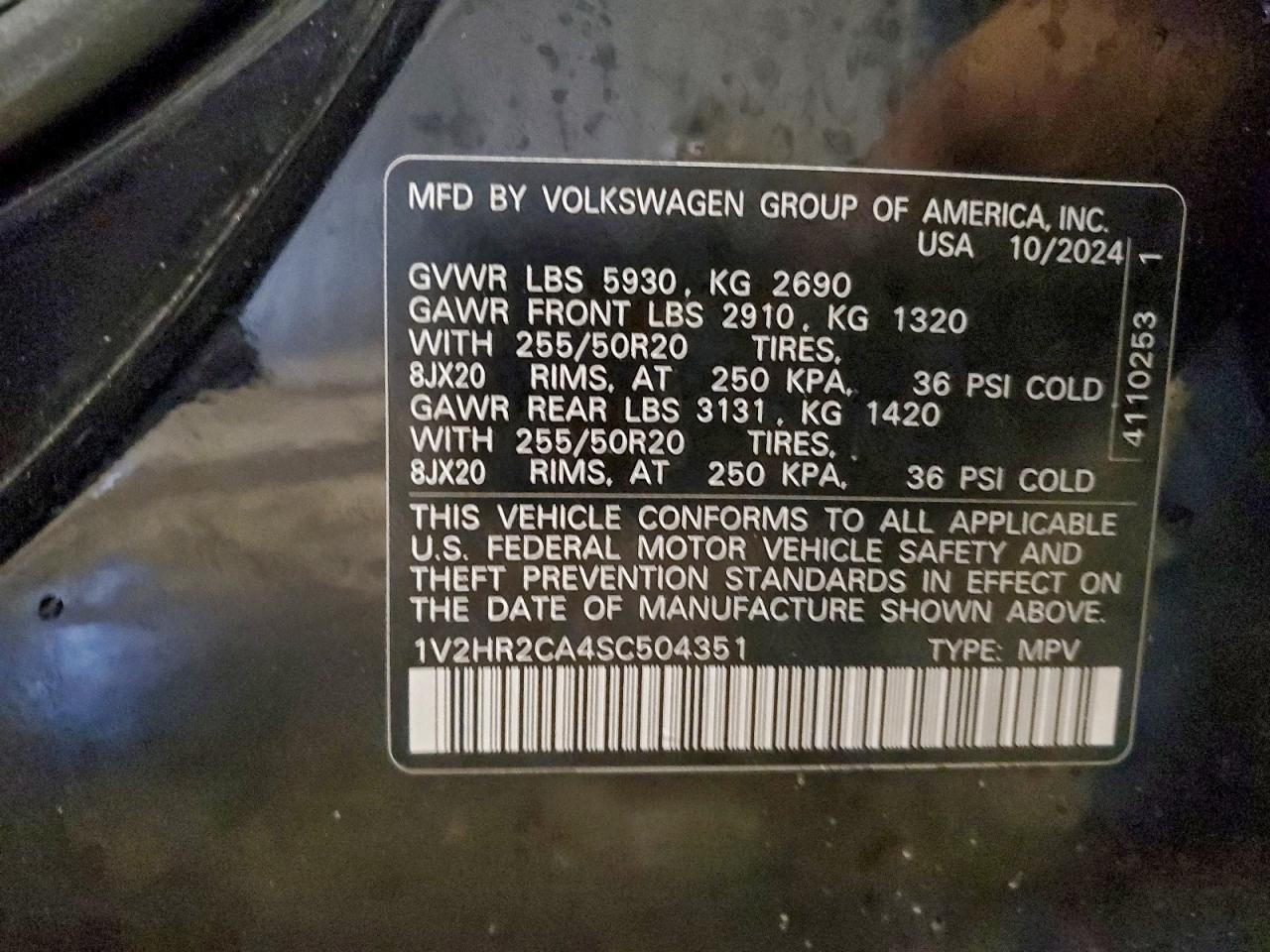 2025 Volkswagen Atlas Se VIN: 1V2HR2CA4SC504351 Lot: 94450295