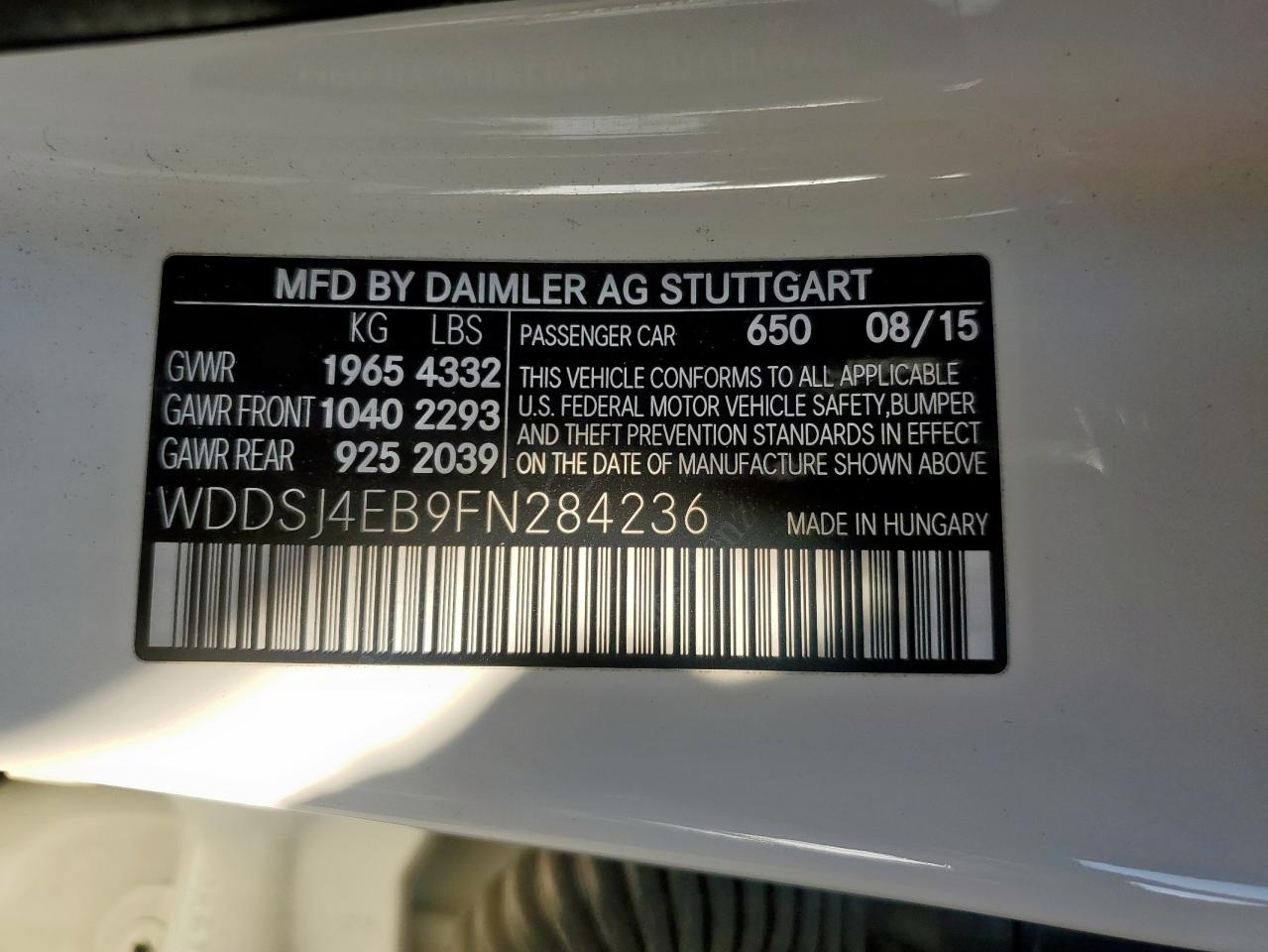 2015 Mercedes-Benz Cla 250 VIN: WDDSJ4EB9FN284236 Lot: 93119105