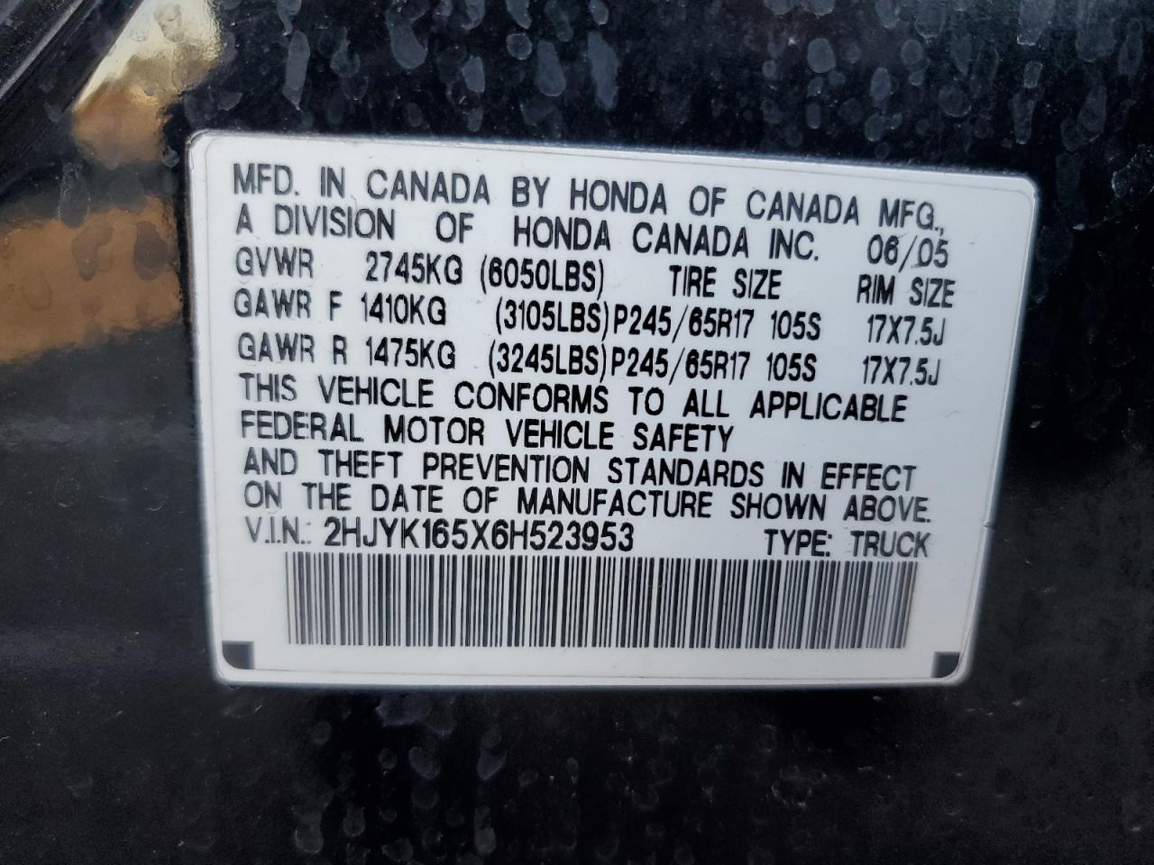 2006 Honda Ridgeline Rtl VIN: 2HJYK165X6H523953 Lot: 91923155