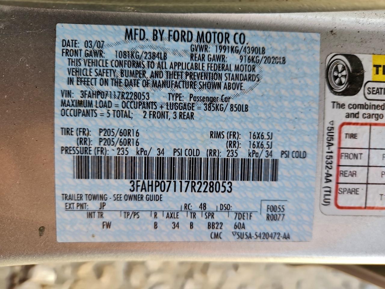 2007 Ford Fusion Se VIN: 3FAHP07117R228053 Lot: 92830775