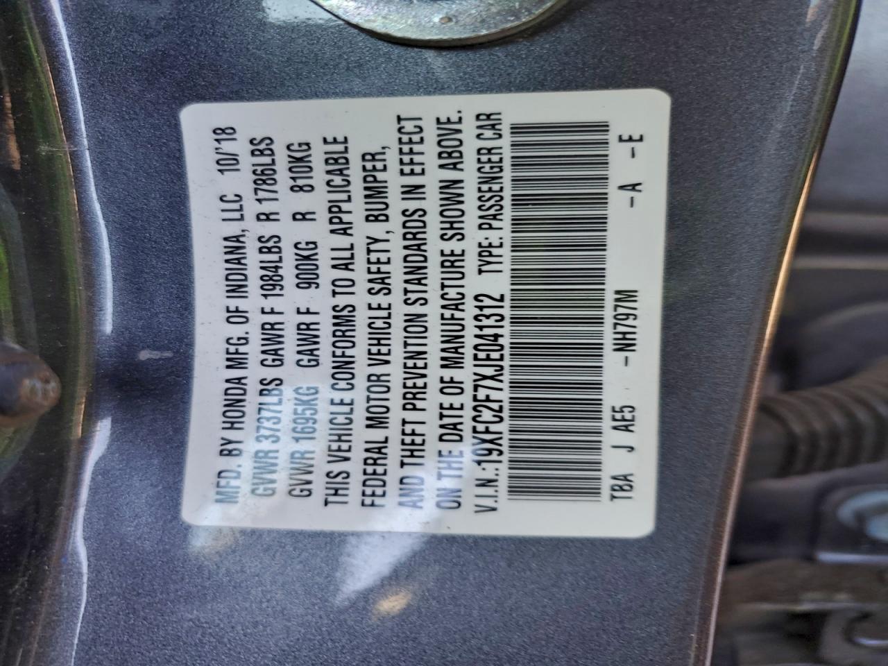 2018 Honda Civic Ex VIN: 19XFC2F7XJE041312 Lot: 94264865