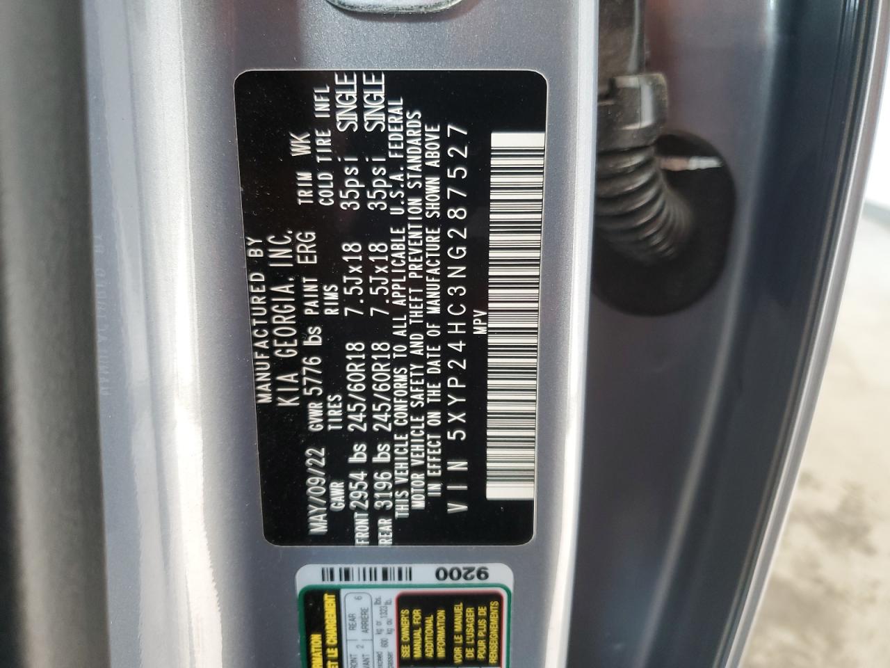 2022 Kia Telluride Lx VIN: 5XYP24HC3NG287527 Lot: 92983755