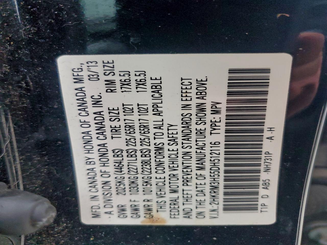 2013 Honda Cr-V Ex VIN: 2HKRM3H55DH512116 Lot: 94182415