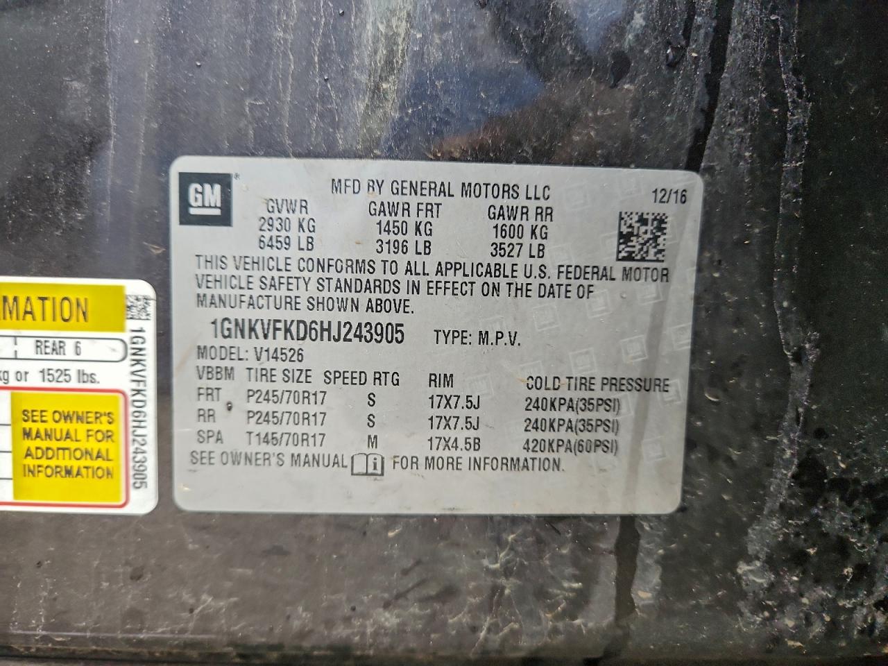 2017 Chevrolet Traverse Ls VIN: 1GNKVFKD6HJ243905 Lot: 93646535