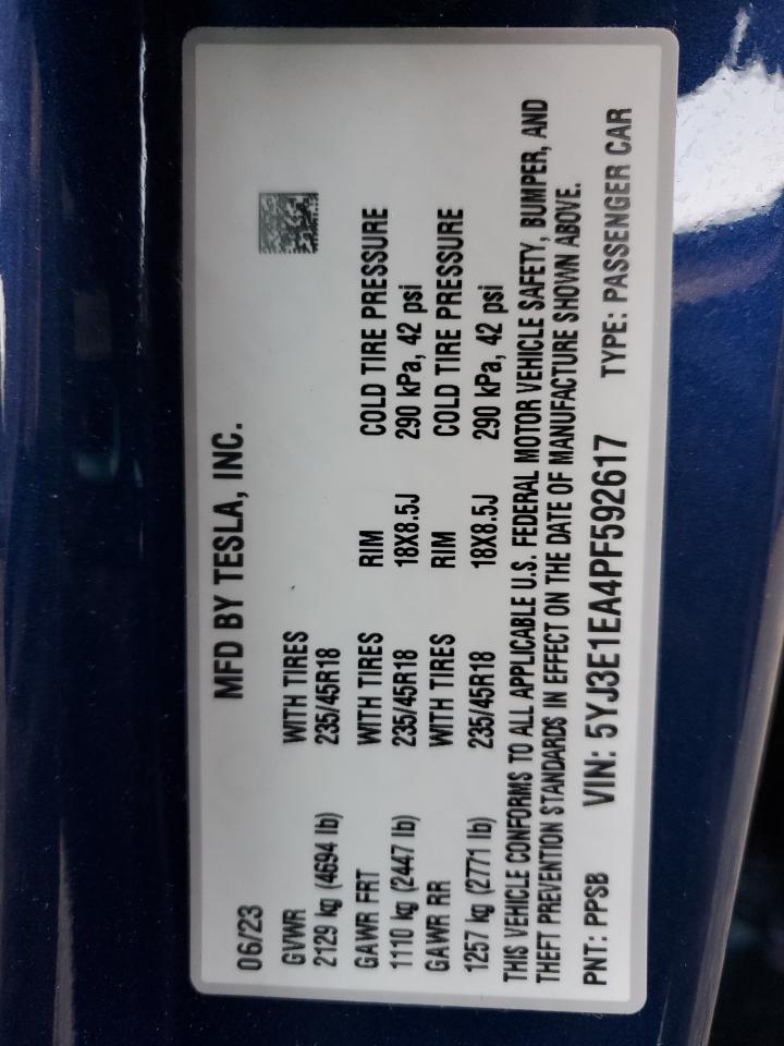 2023 Tesla Model 3 VIN: 5YJ3E1EA4PF592617 Lot: 92537645