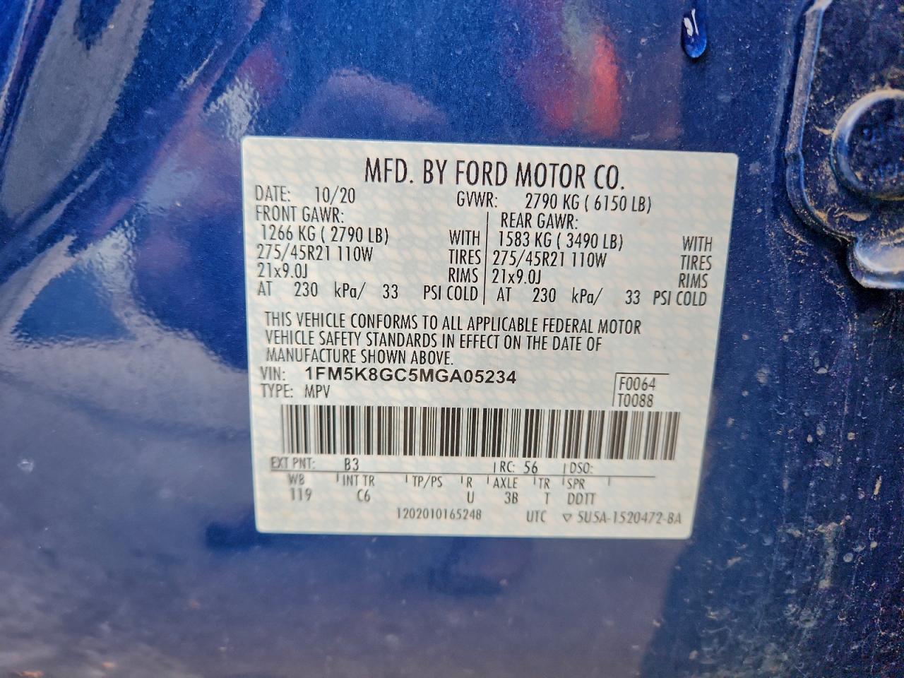 2021 Ford Explorer St VIN: 1FM5K8GC5MGA05234 Lot: 93867375