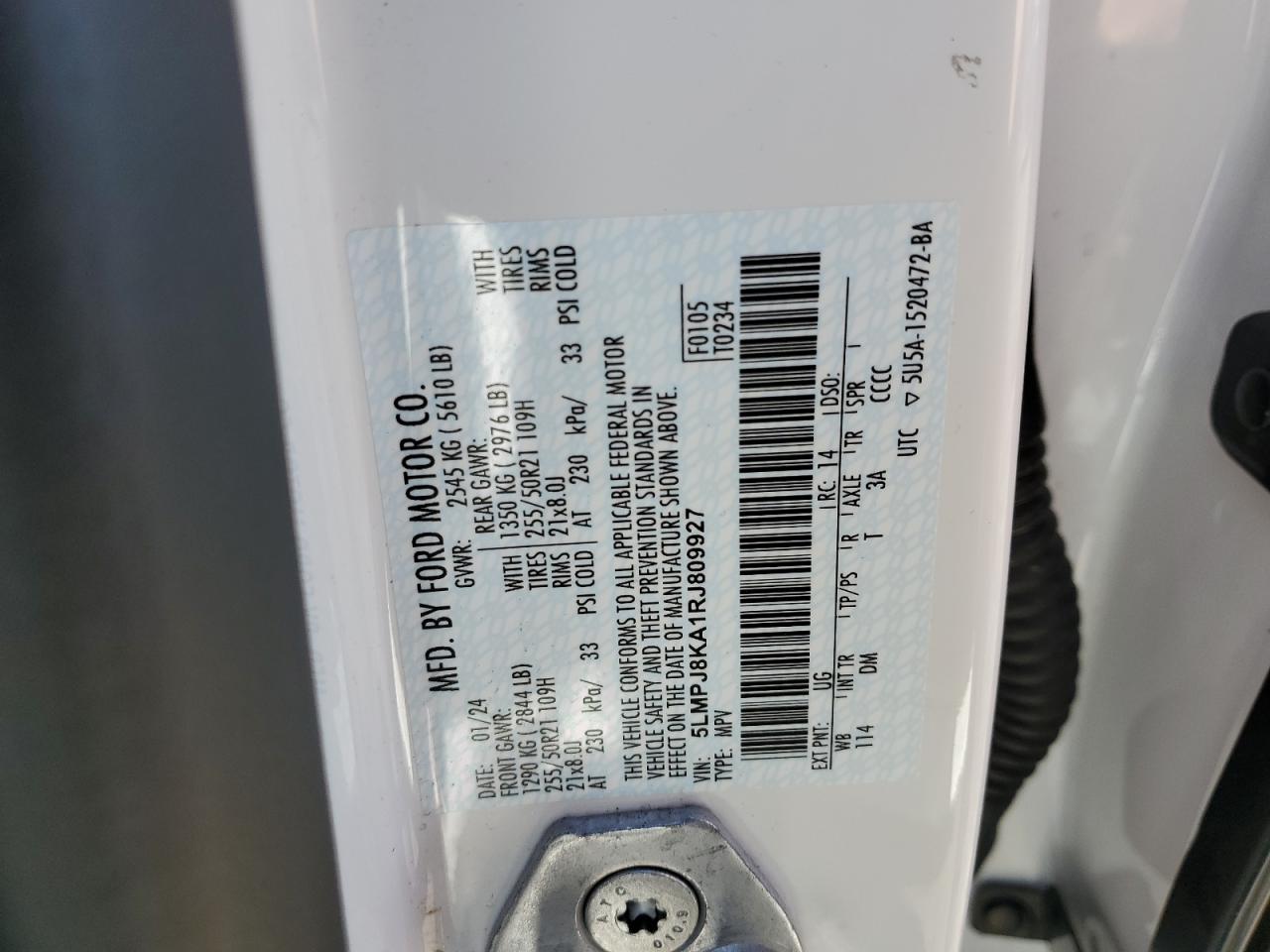 2024 Lincoln Nautilus Reserve VIN: 5LMPJ8KA1RJ809927 Lot: 87466375