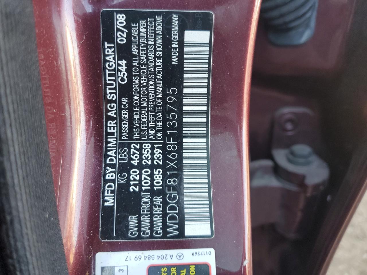 2008 Mercedes-Benz C 300 4Matic VIN: WDDGF81X68F135795 Lot: 91704945