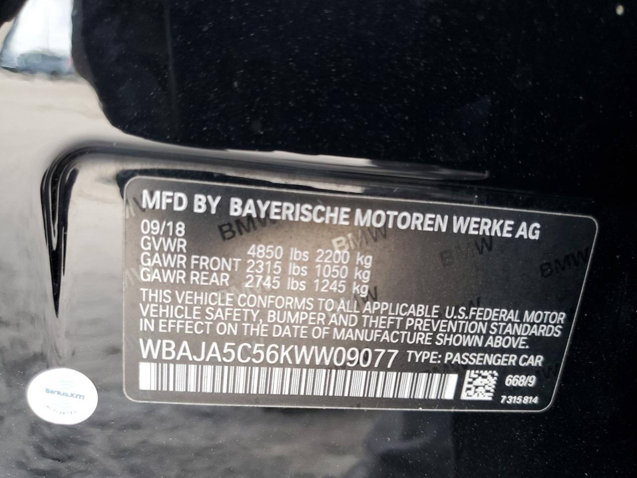 2019 BMW 530 I VIN: WBAJA5C56KWW09077 Lot: 93391845