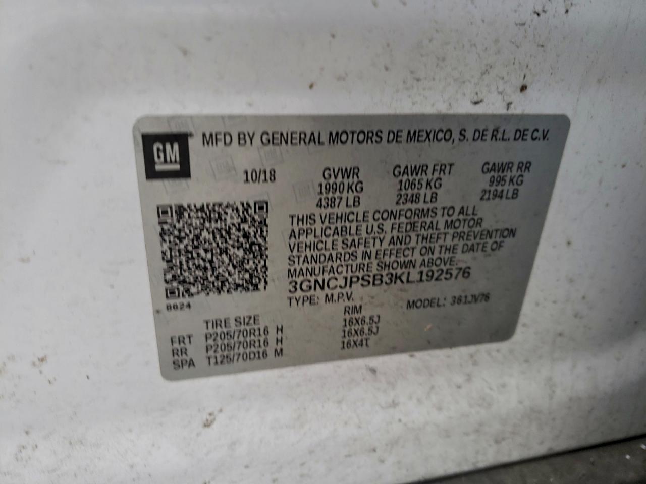 2019 Chevrolet Trax 1Lt VIN: 3GNCJPSB3KL192576 Lot: 94351745