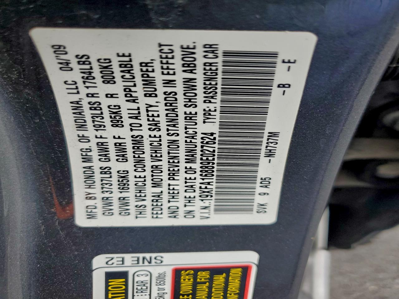 2009 Honda Civic Ex VIN: 19XFA16889E027624 Lot: 94479395