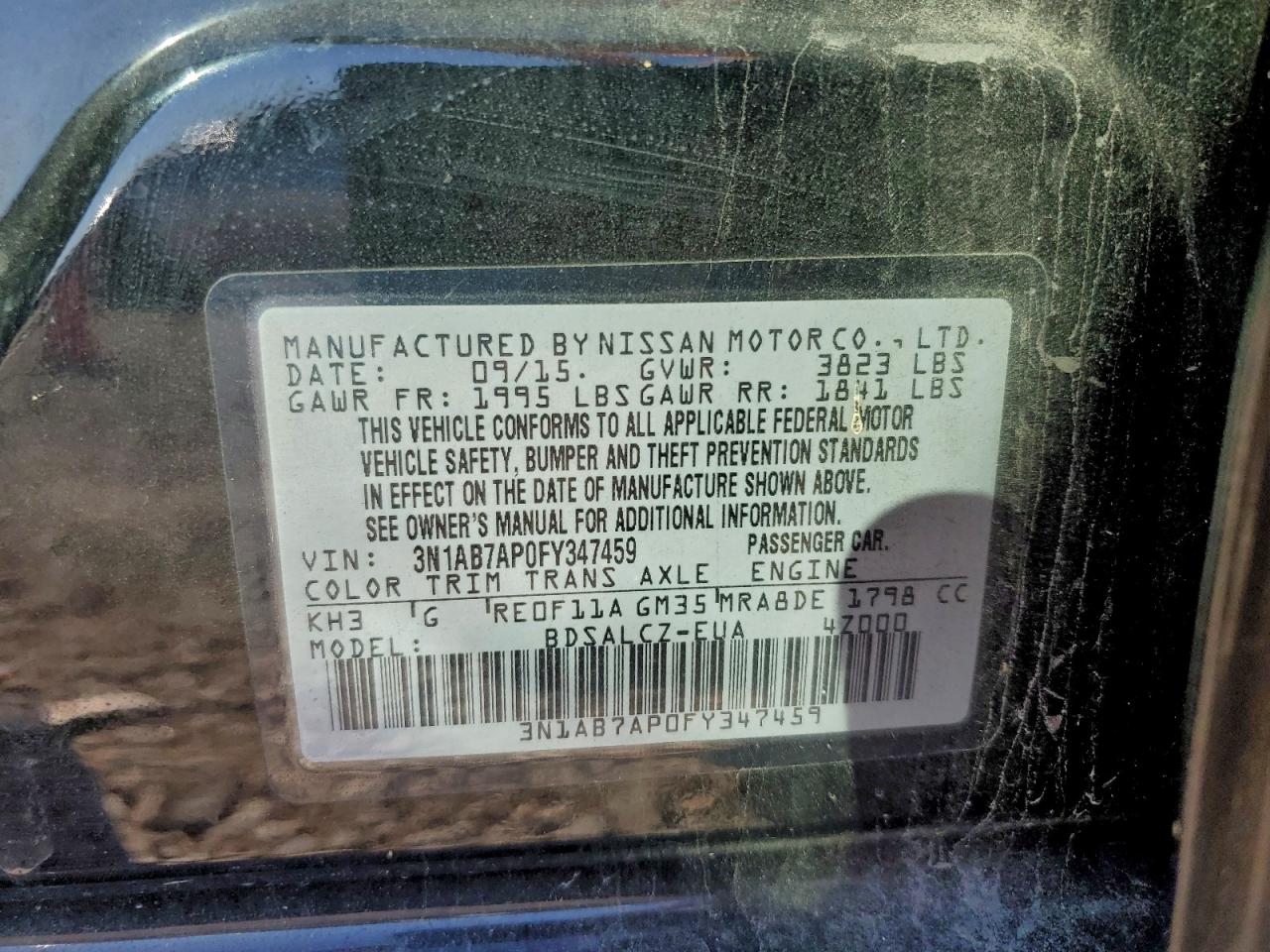 2015 Nissan Sentra S VIN: 3N1AB7AP0FY347459 Lot: 94318325