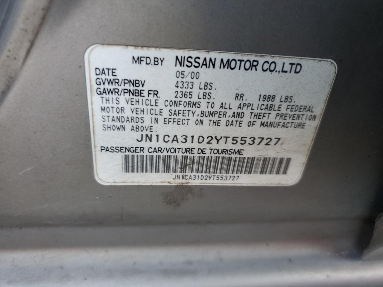 2000 Nissan Maxima Gle VIN: JN1CA31D2YT553727 Lot: 93599765