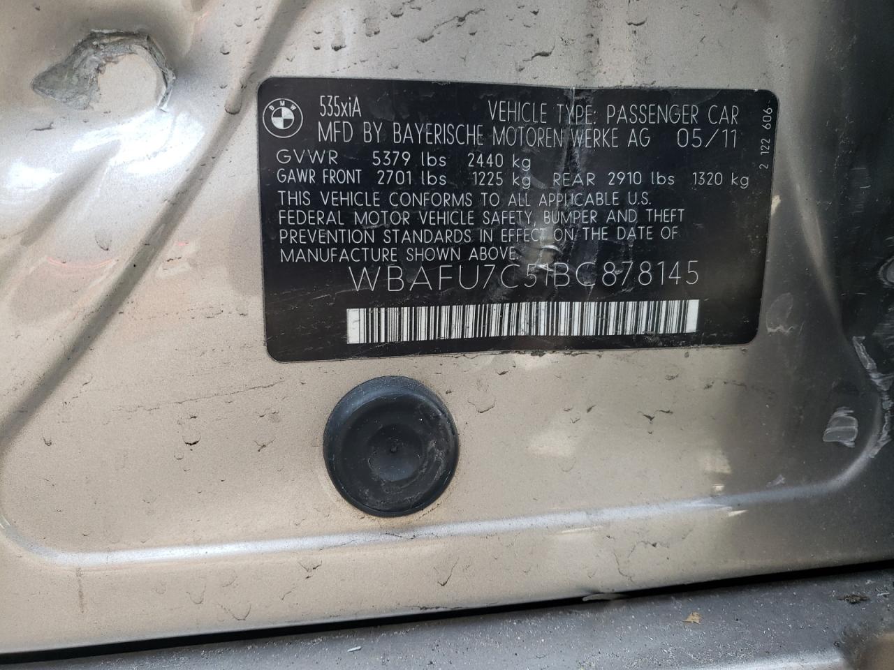 2011 BMW 535 Xi VIN: WBAFU7C51BC878145 Lot: 93702095