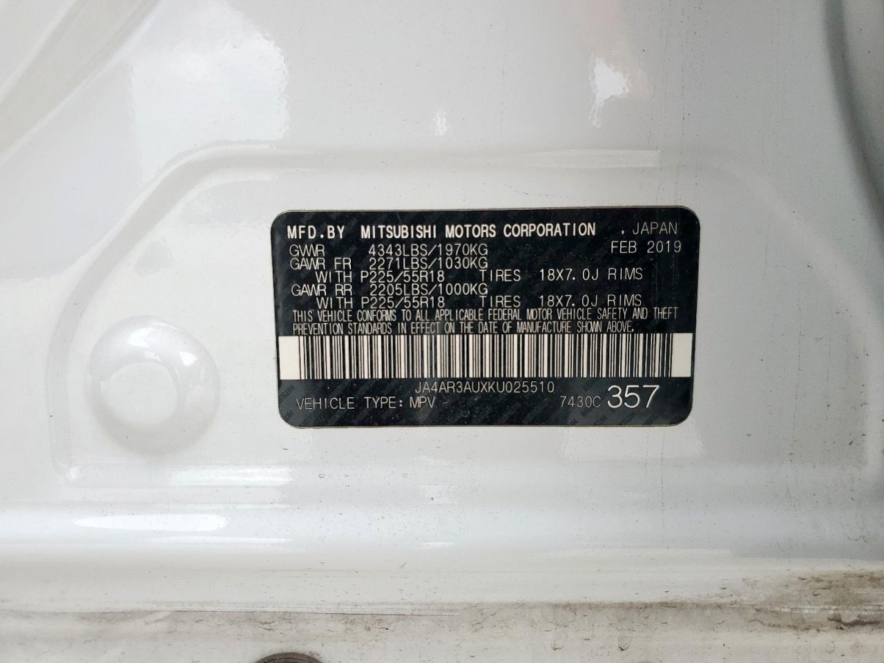 2019 Mitsubishi Outlander Sport Es VIN: JA4AR3AUXKU025510 Lot: 91679235