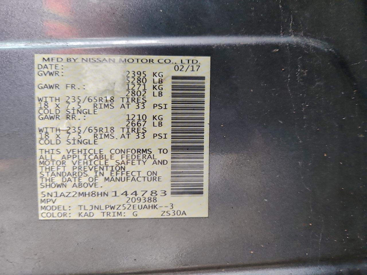 2017 Nissan Murano S VIN: 5N1AZ2MH8HN144783 Lot: 94556485