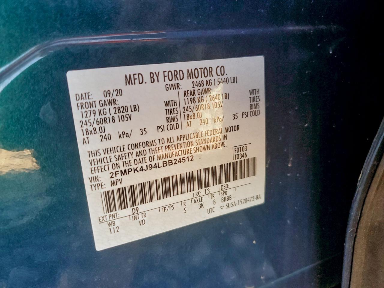 2020 Ford Edge Sel VIN: 2FMPK4J94LBB24512 Lot: 94450345