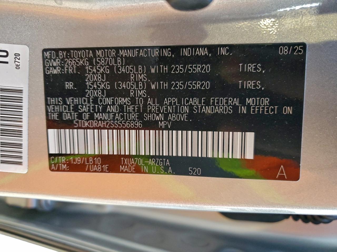 2025 Toyota Highlander Le VIN: 5TDKDRAH2SS556896 Lot: 94498085