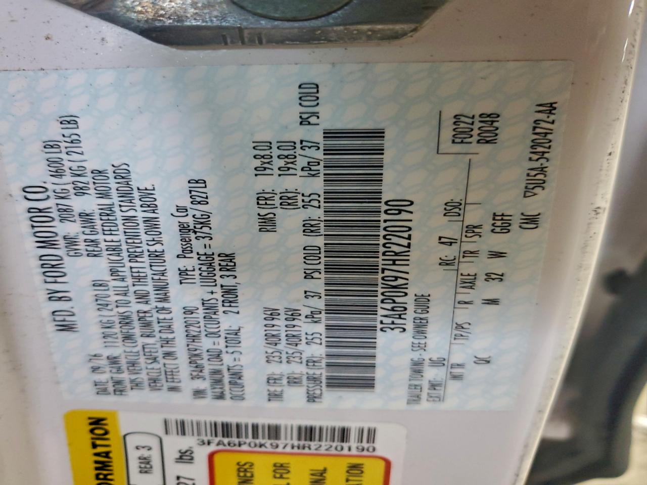 2017 Ford Fusion Titanium VIN: 3FA6P0K97HR220190 Lot: 94105315