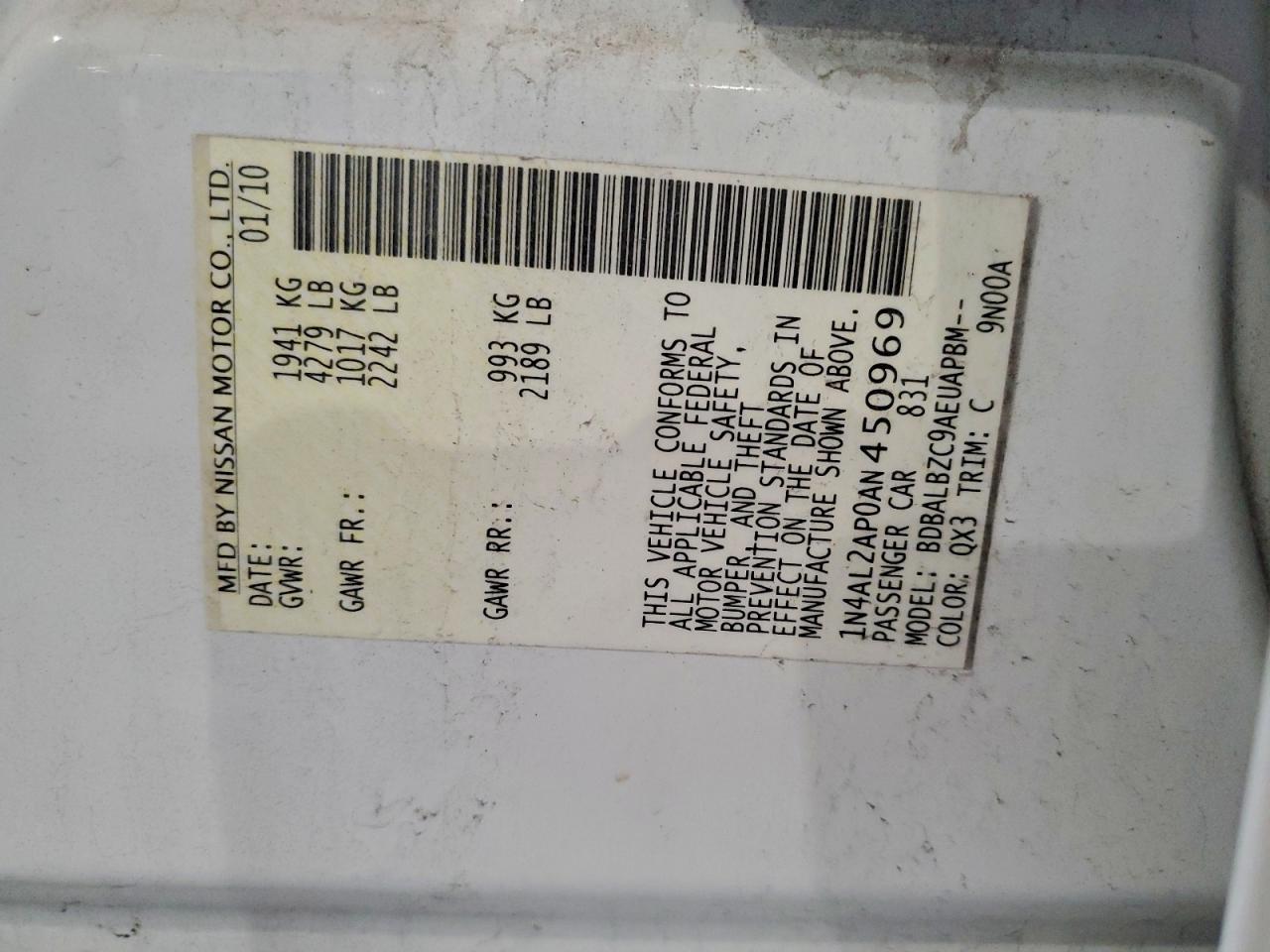 2010 Nissan Altima Base VIN: 1N4AL2AP0AN450969 Lot: 94595165