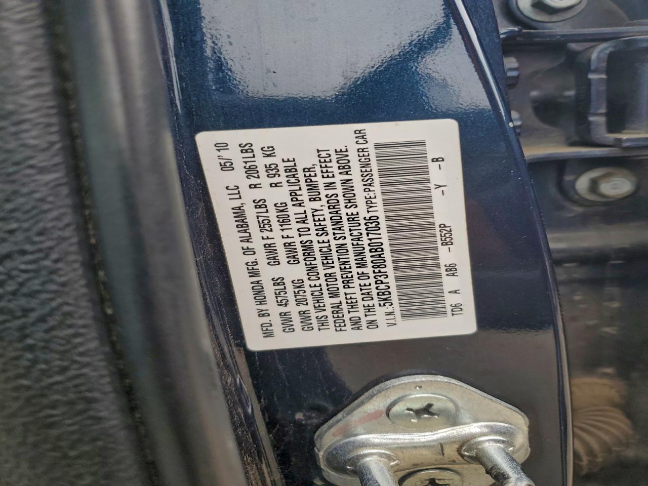 2010 Honda Accord Exl VIN: 5KBCP3F80AB017036 Lot: 94175235