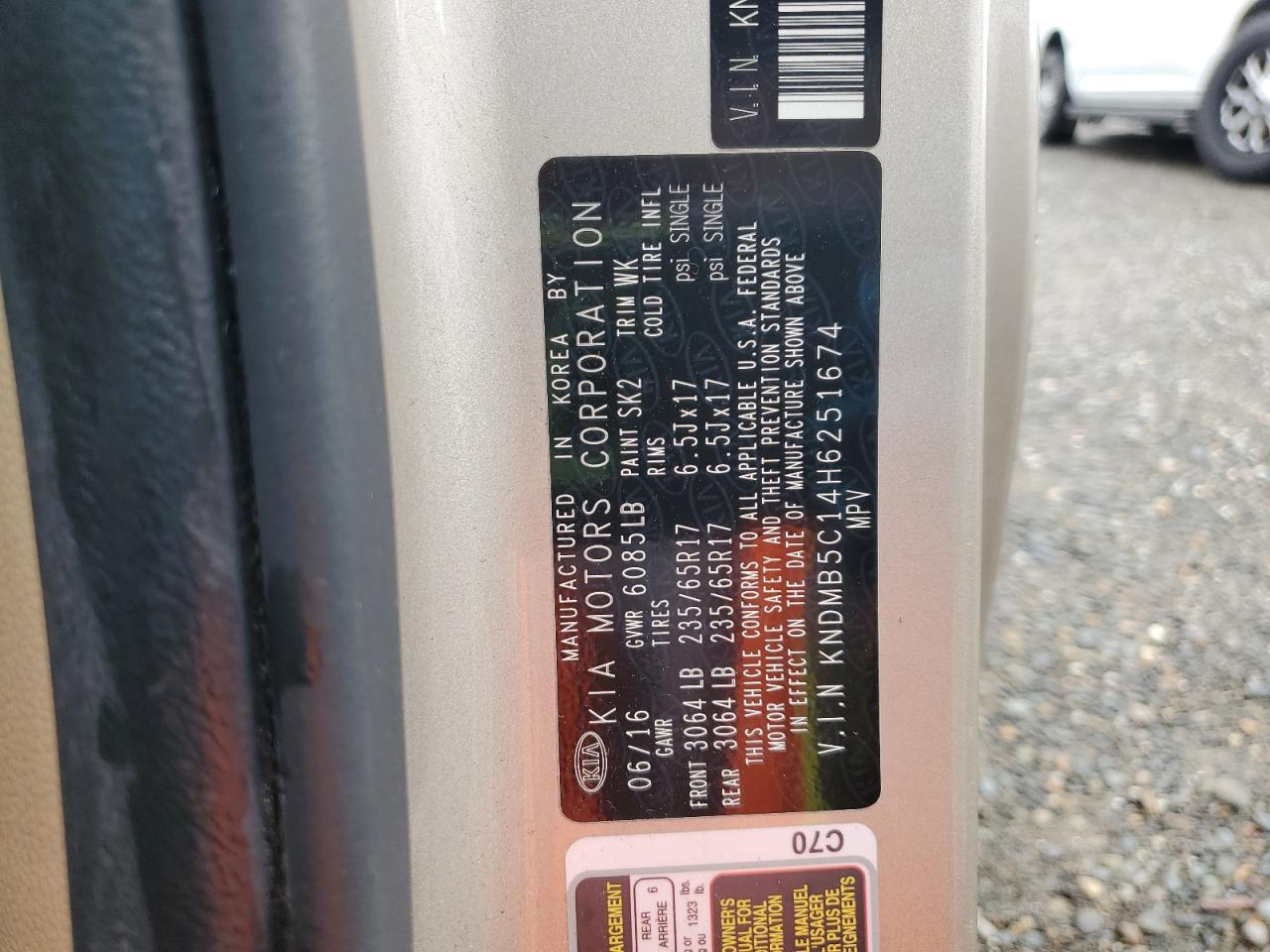 2017 Kia Sedona Lx VIN: KNDMB5C14H6251674 Lot: 93312485